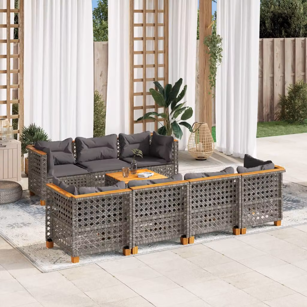 vidaXL Set Divano da Giardino 8 pz in Polyrattan Grigio con Cuscini e Tavolino – 1