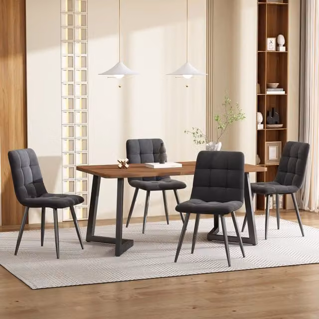 Tavolo da Pranzo Allungabile con 4 Sedie ¨C MINIMAL ¨C Piano MDF Noce, Gambe Metallo Nero, Velluto Grigio Scuro