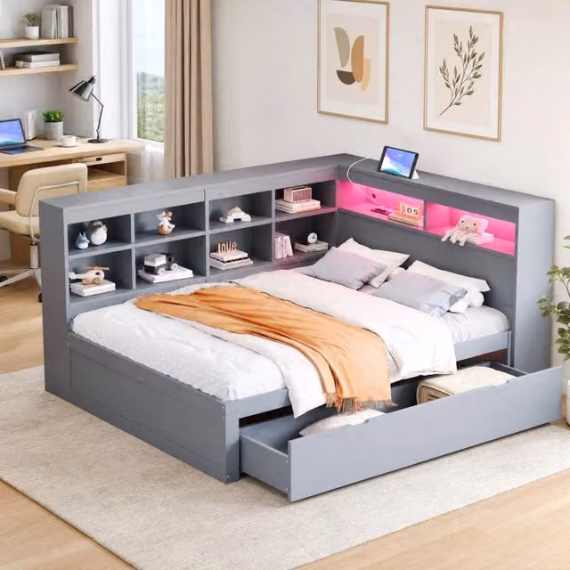 Letto matrimoniale multifunzione 140x200 cm grigio con contenitore, USB e LED