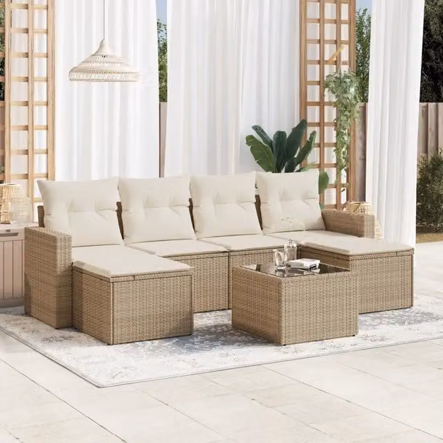 Set di Divani da Giardino VIDAXL in Polyrattan con Cuscini Beige, Design Moderno a L, 7 Pezzi