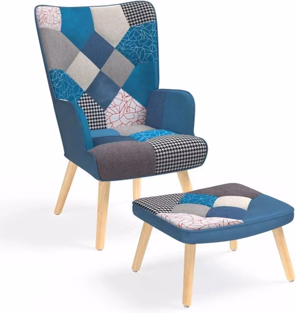 IDMarket Poltrona scandinava IVAR con poggiapiedi in velluto e tessuto patchwork blu – 1