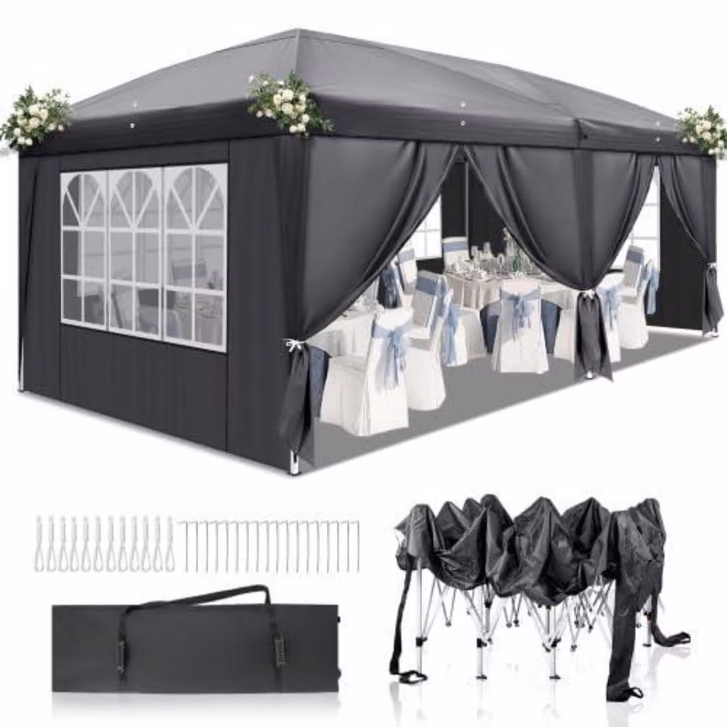 Tenda da festa 3x6 metri, altezza regolabile, impermeabile, con 6 pannelli laterali, colore grigio scuro