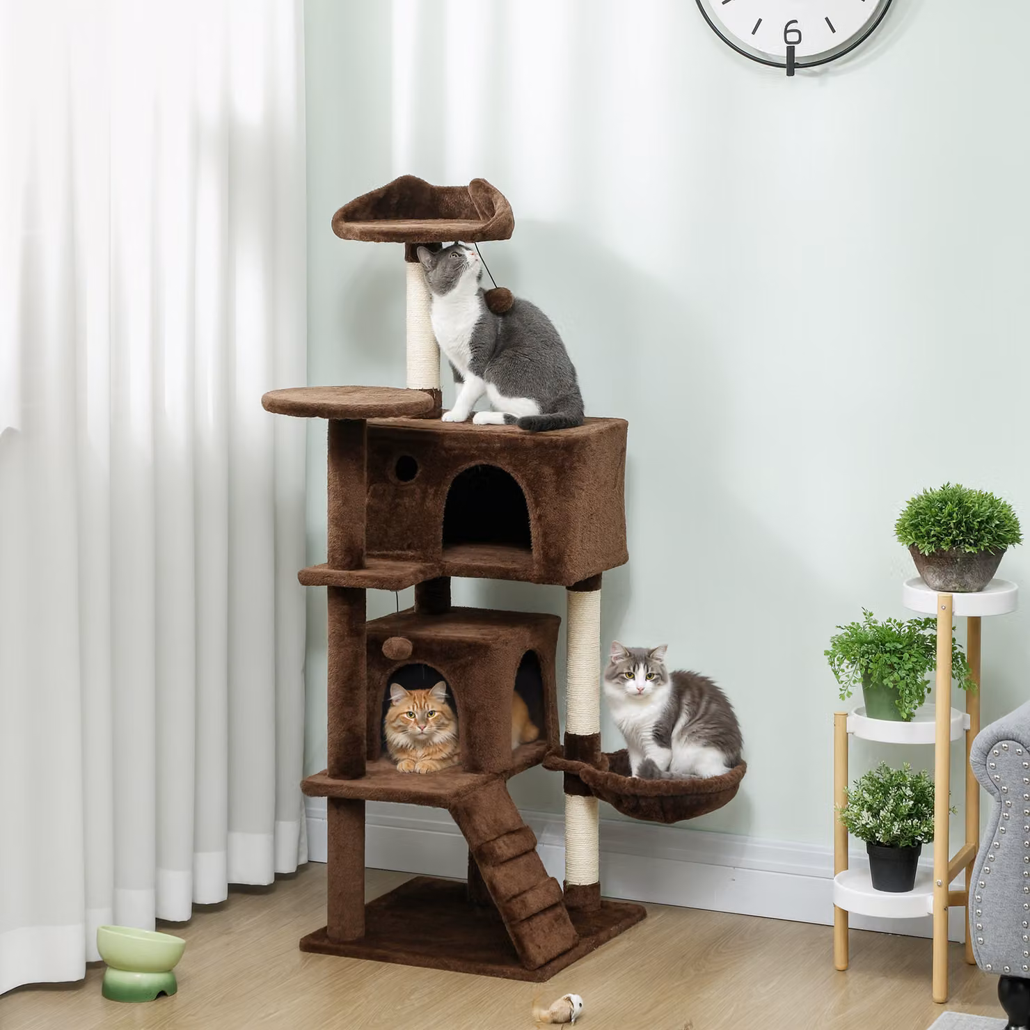 Tiragraffi per Gatti PawHut Marrone con Amaca, Grotte, Scala e Pali in Sisal, Altezza: 140 cm – 2