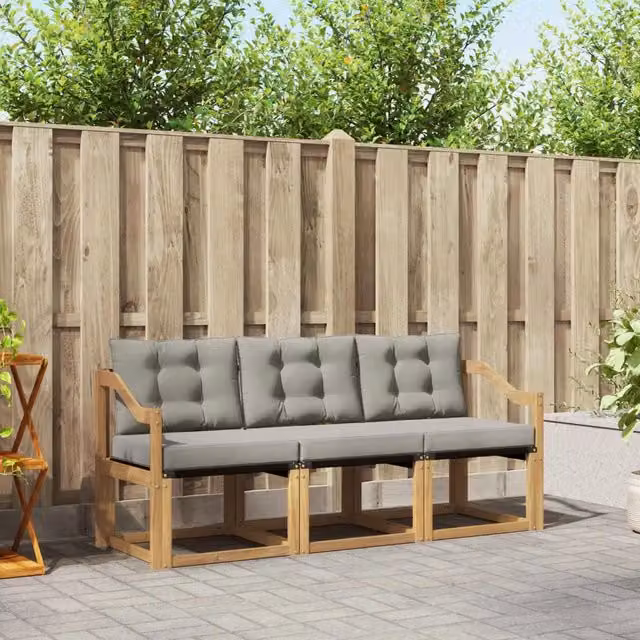 Set di divani da esterno 3 pezzi vidaXL in legno di acacia e textilene, Bianco e Grigio – 1