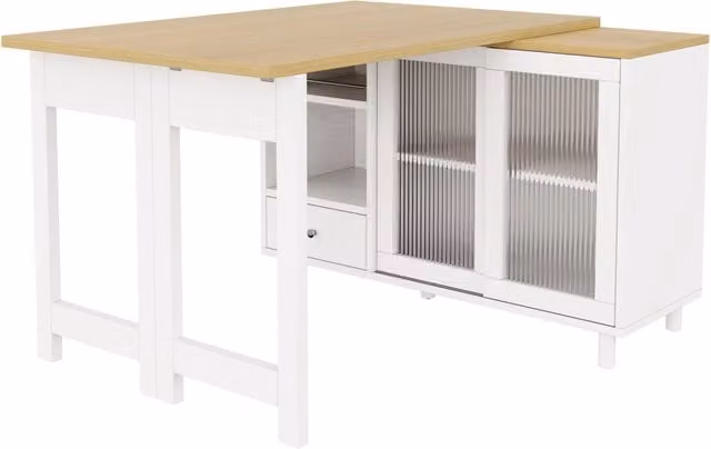 Tavolo da pranzo pieghevole estensibile con contenitore, struttura in MDF e vetro arcobaleno, colore naturale e bianco
