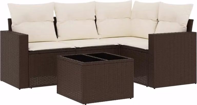Set Divano da Giardino 5 pz con Cuscini Marrone in Polyrattan