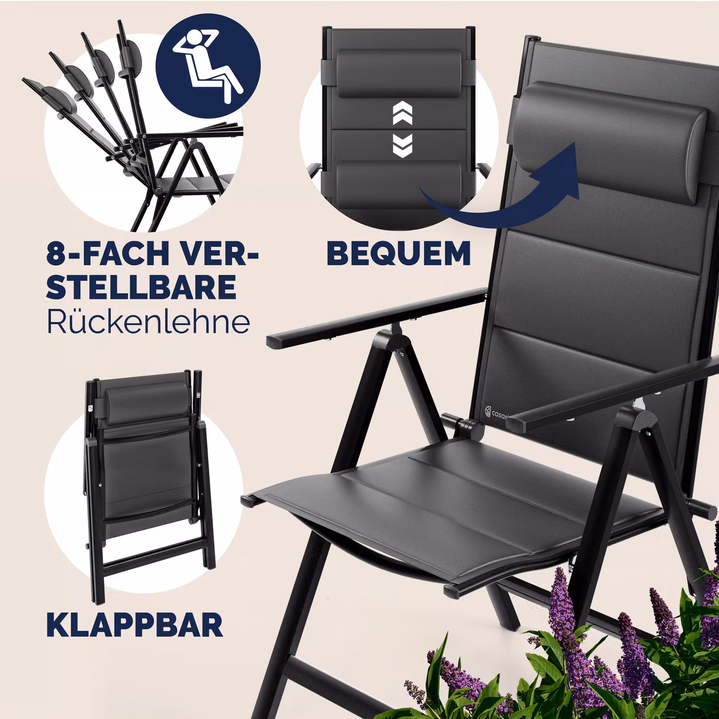 Set di 2 sedie da giardino Casaria® nere pieghevoli in alluminio con cuscini imbottiti e braccioli – 4
