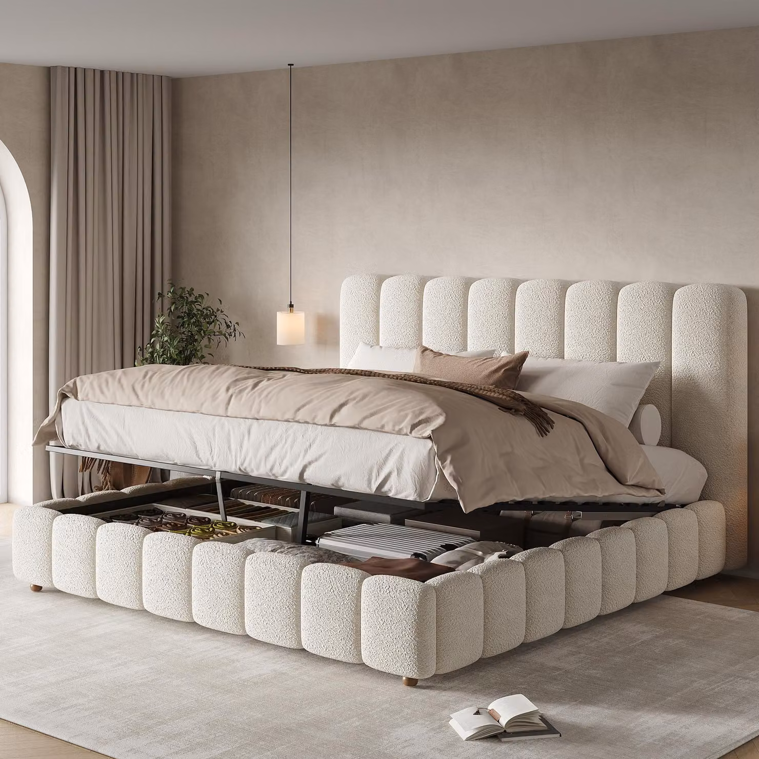 Letto imbottito 160 x 200 cm con contenitore a sollevamento idraulico, rete a listelli e testiera imbottita a righe, rivestito in tessuto bouclé, colore bianco, con gambe in legno massello