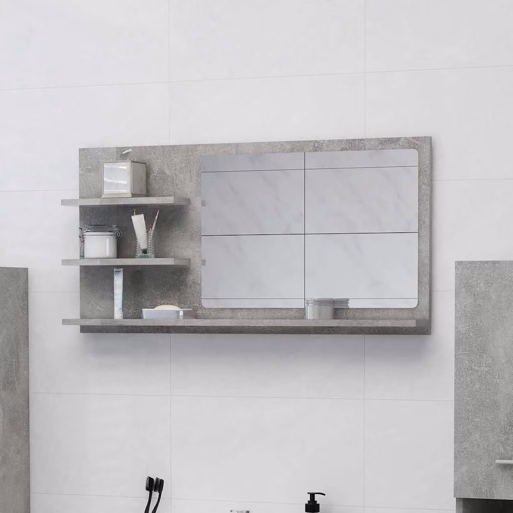 Specchio da bagno moderno vidaXL in legno multistrato grigio cemento, L: 90 cm, P: 10,5 cm, H: 45 cm