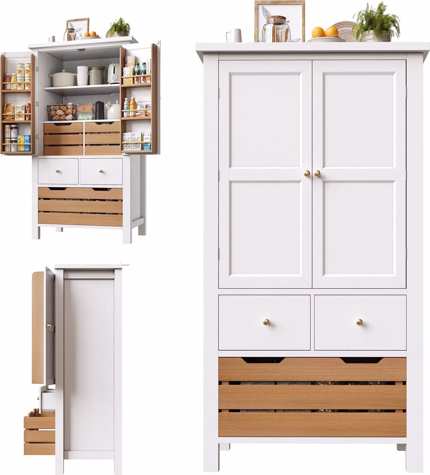 Mobile da cucina (80x40x140 cm), credenza alta da cucina, credenza multiuso, mobile per snack, mobile contenitore con due ante e cinque cassetti