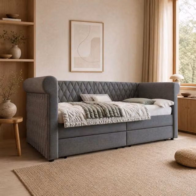 Letto da giorno 90x200 cm con 2 cassetti e rivestimento in lino grigio