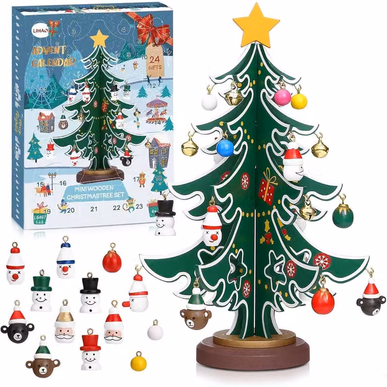 Calendario dell'Avvento, albero di Natale in miniatura in legno con 24 decorazioni, ideale per progetti fai-da-te e decorazioni per bambini