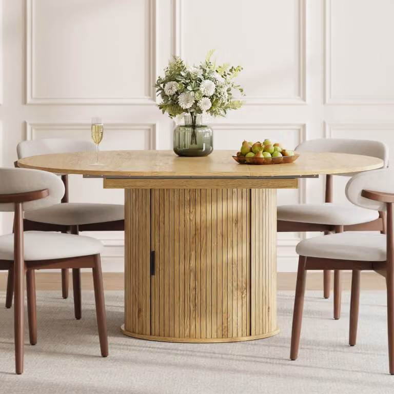Tavolo allungabile per 6 persone in legno chiaro, con vano contenitore integrato, piano ribaltabile e gamba dal design moderno