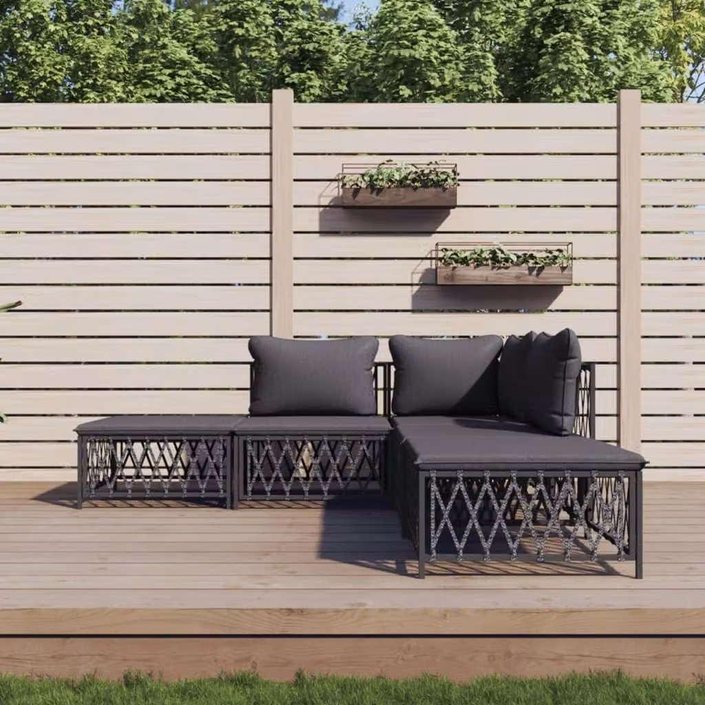 Set Salotto da Giardino vidaXL 5 pz con Cuscini, Struttura in Acciaio Antracite e Tessilene, Design Moderno a L con Elemento Angolare e Ottoman, Grigio