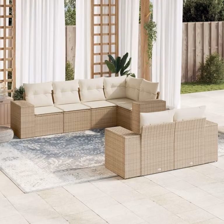 vidaXL Set Divani da Giardino 7 pz a Forma a L con Cuscini Beige e Struttura in Acciaio e Polyrattan