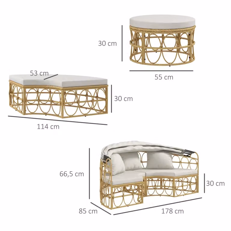 Set mobili da giardino Outsunny in rattan e metallo a 4 pezzi con divano a 2 posti, pouf, tavolino e tettoia, colore beige e bianco