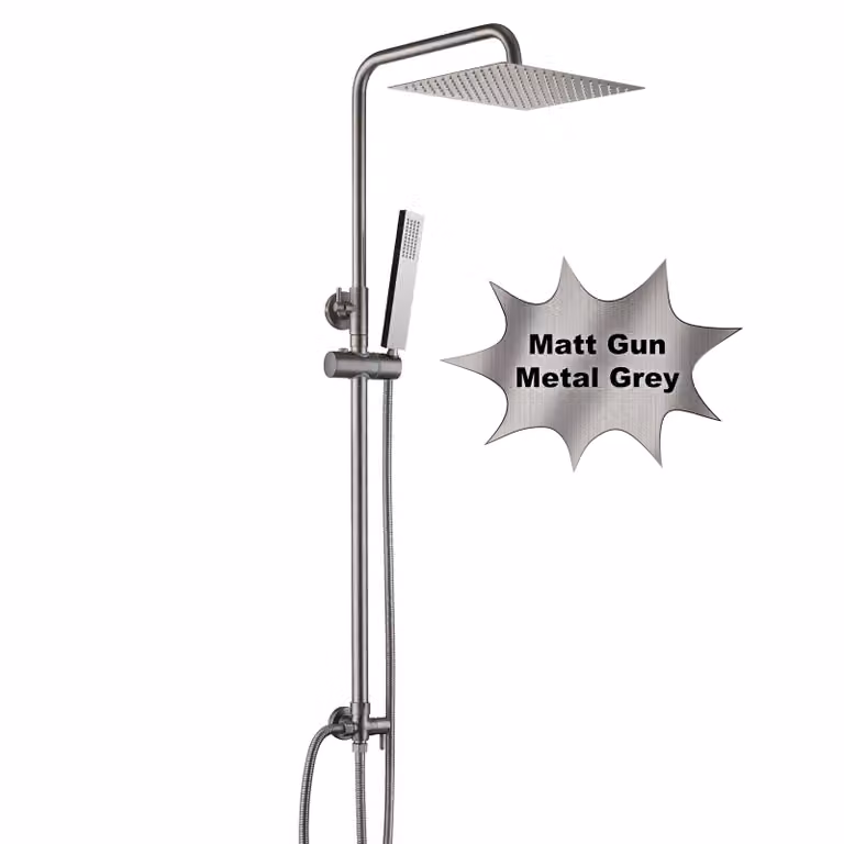 JOHO Set doccia in acciaio inox senza rubinetto, doccia a pioggia Sistema doccia con soffione, asta doccia, flessibile doccia, soffione angolare 25x25cm Grigio canna di fucile