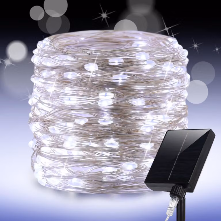 Catena luminosa solare, 30 metri, 600 LED, luce bianca fredda, impermeabile, 8 modalità