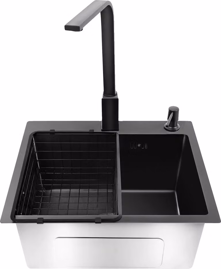 Set di lavelli da cucina, rubinetto girevole a 360°, design a vasca singola, nero
