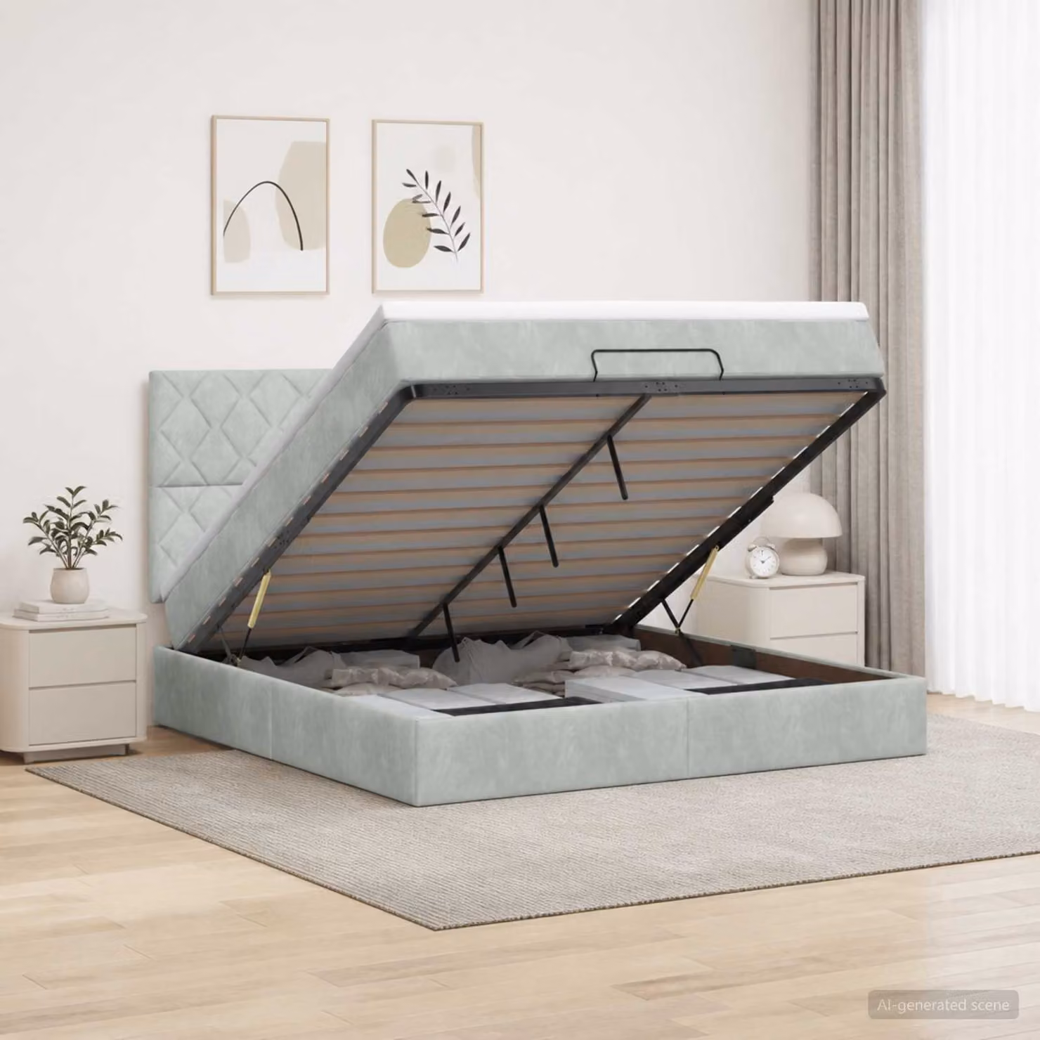 Letto ottomano con materasso vidaXL in velluto grigio chiaro, L/P/H: 140 x 200 x 88 cm