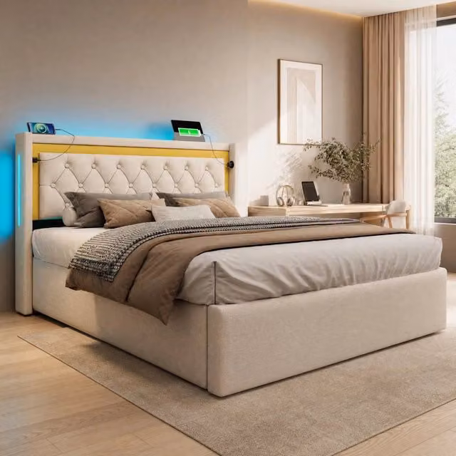 Letto matrimoniale contenitore MODFU con illuminazione LED e porte USB e Type-C, imbottito in tessuto beige, L/P/H: 140 x 200 x 104 cm – 1
