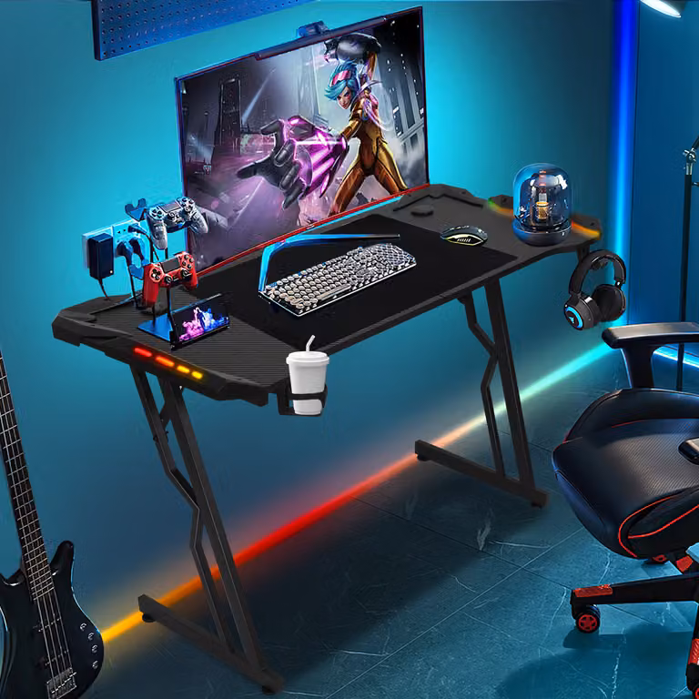 Jayseuw Scrivania per computer a forma di Z 120x60cm, tavolo da gioco a LED con portabicchieri, gancio per cuffie, scrivania per casa e ufficio (nero)