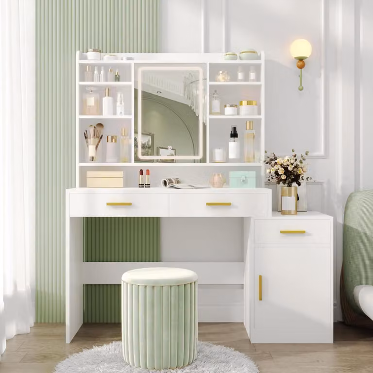 Comò da trucco con specchio, 3 cassetti, 1 armadietto, ripiani aperti, colore bianco, dimensioni 40 x 130 x 149 cm