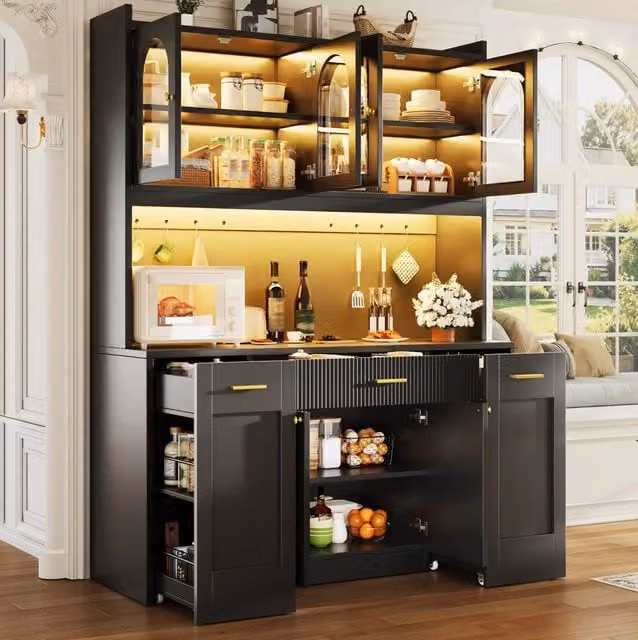 Mobile cucina alta 120 cm con illuminazione RGB, 3 vetrine in vetro, cassetti e ripiani laterali estraibili, bianco/nero
