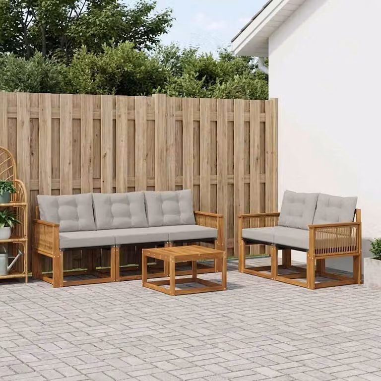 Set di divani da esterno vidaXL a forma di L composto da 6 pezzi con tavolo da caffè, realizzato in legno di acacia trattato e tessuto textilene, colori beige, grigio e marrone