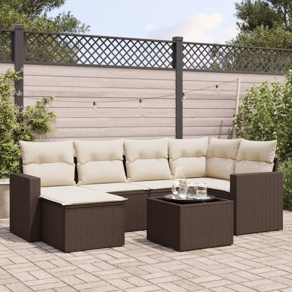 Set di divani da giardino vidaXL 7 pezzi con cuscini marroni e bianchi in rattan e acciaio con design moderno a forma di L per esterno – 1