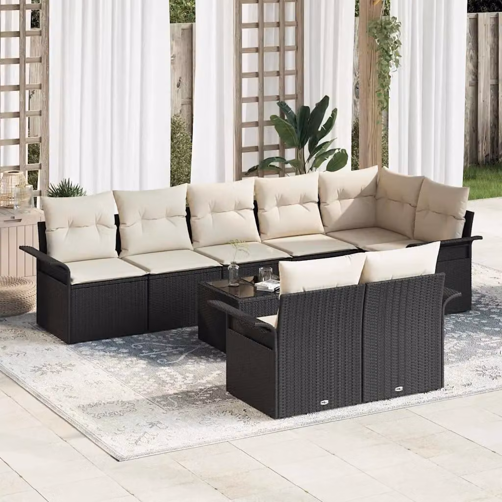 Set Divano da Giardino vidaXL 9 Pezzi Nero con Cuscini e Funzione Archiviazione in Polyrattan e Acciaio – 1