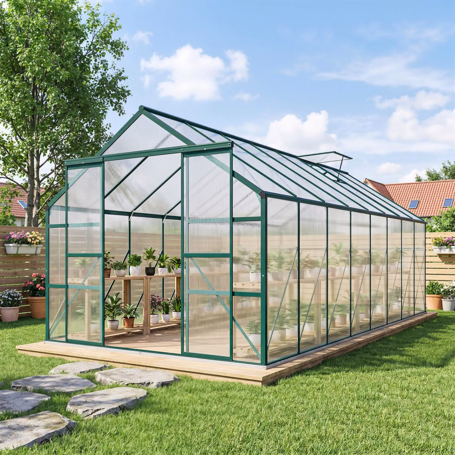 Serra da giardino Outsunny in metallo e alluminio con porta scorrevole e finestre regolabili, Verde, L 244 cm x P 500 cm x H 216 cm – 2