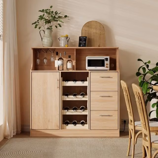 Sideboard bar ristorante con LED, prese, portabicchieri e cantinetta, ampio spazio contenitore, ideale per cucina e ristorazione