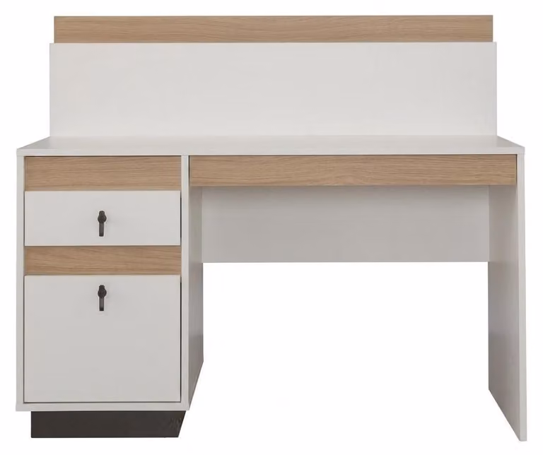 Scrivania moderna nei toni del bianco e del marrone, comoda e con cassetti, ideale per una camera da letto giovanile