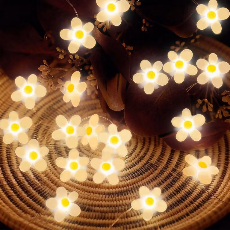 Catena luminosa LED da 3 metri, con decorazioni a forma di margherite, luce bianco caldo, 30 elementi decorativi, adatta per interni ed esterni