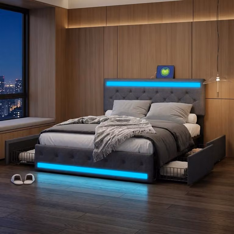 ProximaX Letto matrimoniale moderno 180x200 cm, tessuto in lino grigio, letto imbottito con LED RGB, vano contenitore (4 cassetti) e porta USB/Type-C