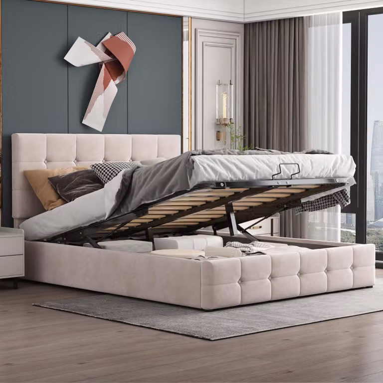 Letto imbottito 140 x 200 cm con contenitore a sollevamento idraulico, poggiatesta regolabile in altezza, rete a molle in metallo con 24 listelli, rivestito in velluto, colore crema