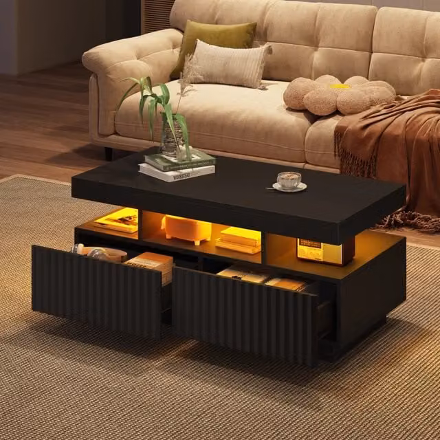 Tavolino basso fisso con 2 cassetti vano aperto e LED controllabile tramite app nero 100 × 50 × 45 cm