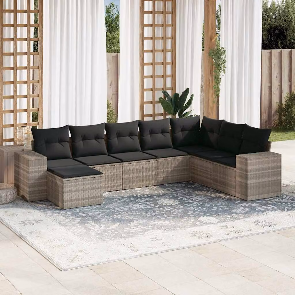 vidaXL Set Divano da Giardino a L 8pz in Polyrattan Grigio con Cuscini e Ottoman – 1