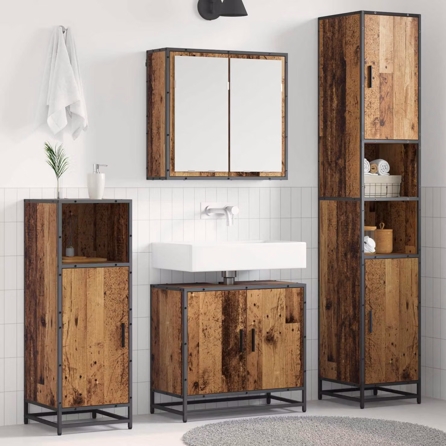 Set di mobili per il bagno vidaXL in legno e metallo marrone, composto da armadietto con specchio, mobile lavabo e colonna alta, L/P/H: 65 x 33 x 188,5 cm