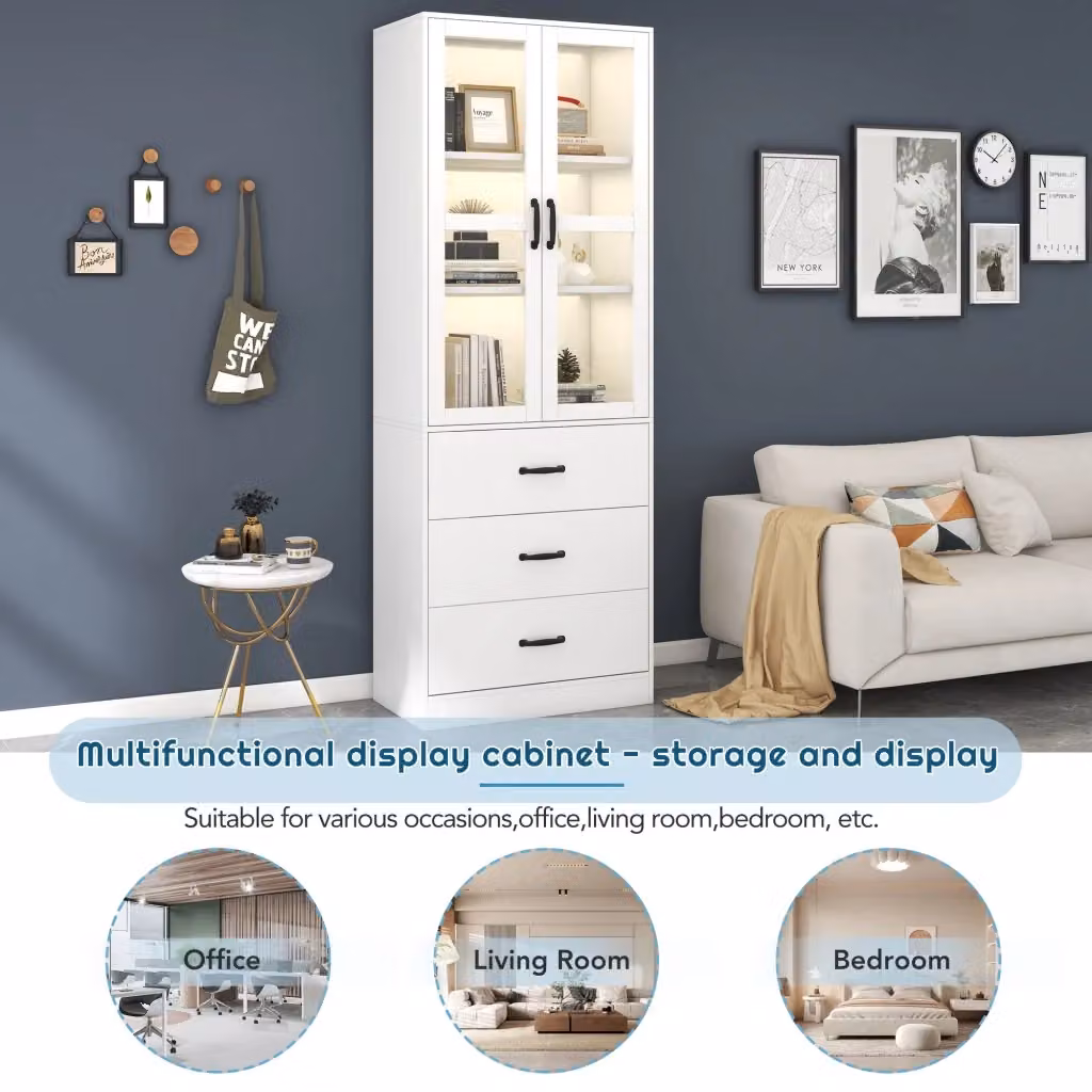 Vetrina alta OKWISH in MDF bianco con LED, 2 ante in vetro, 3 cassetti e ripiani interni regolabili per soggiorno o ufficio, H 200 x L 48 x P 50,45 cm – 2
