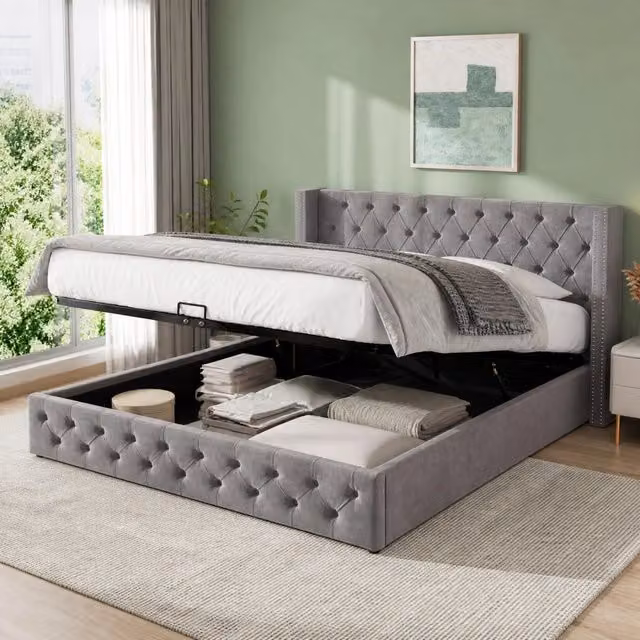 Letto contenitore Mivray imbottito con testiera Chesterfield e sollevamento idraulico, grigio, L/P/H: 140 x 200 cm
