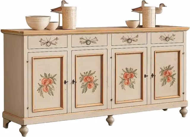 Madia credenza in legno stile provenzale laccata a mano con decoro floreale bianca Mobili 2G L: 198 cm, P: 55 cm, H: 107 cm – 4
