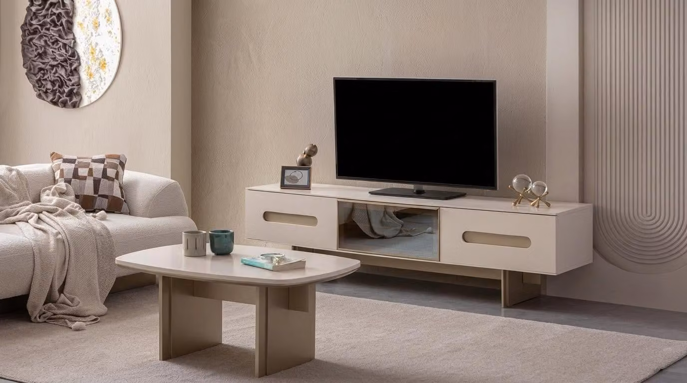 Set per soggiorno: mobile TV a basso profilo, tavolino, design moderno, colore beige, elegante, esteticamente piacevole