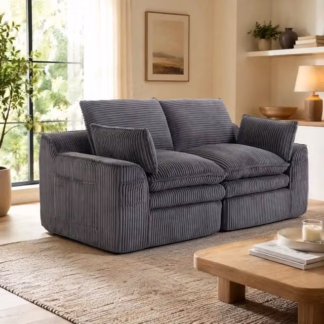 Divano 2 posti in corduroy con tasche laterali; 191x94x85 cm; grigio scuro