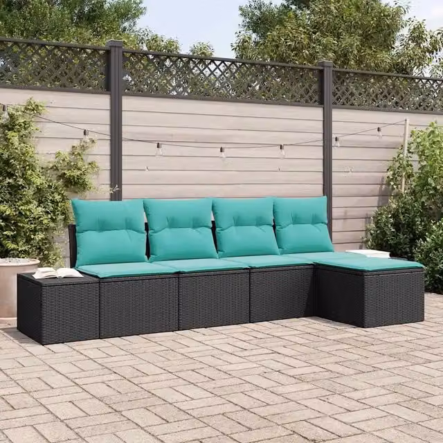 Set Divano da Giardino 5 pz Nero e Turchese polyrattan 3355695