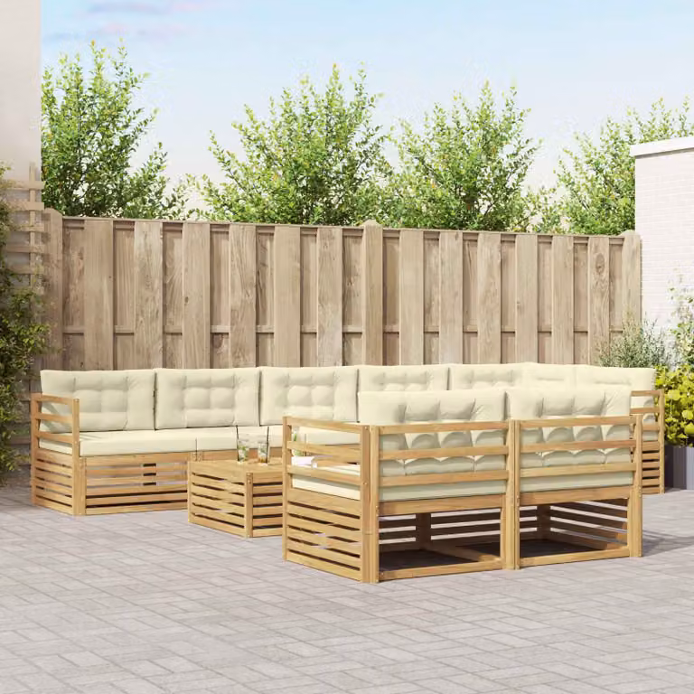 Set di divani da esterno vidaXL a forma di L in legno di acacia con tavolo da caffè e cuscini, Bianco e Beige