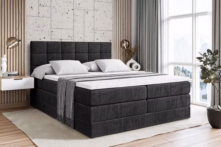 Letto boxspring ALTDECOR con materasso e rete a doghe - APO KING - 200x200 cm - Velluto nero - Topper, letto imbottito con contenitore, letto con vano portaoggetti H3 e H4 - Materasso, letto matrimoniale, letto boxspring