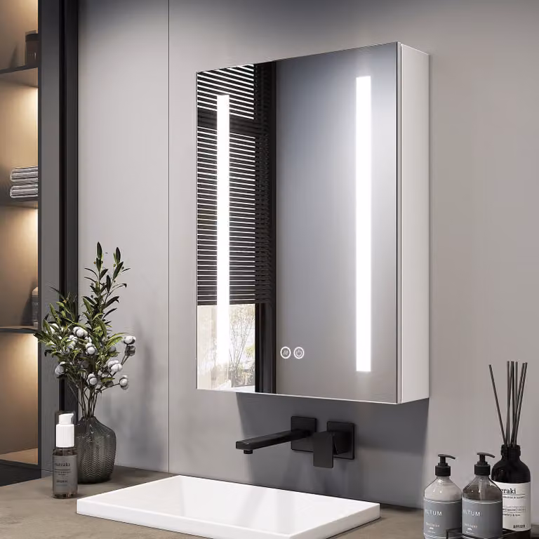 Armadietto a specchio EMKE con illuminazione a LED 500 x 700 x 145 mm con antiappannamento e 3 colori di luce dimmerabili, armadietto da bagno a 1 anta con presa e interruttore a sfioramento