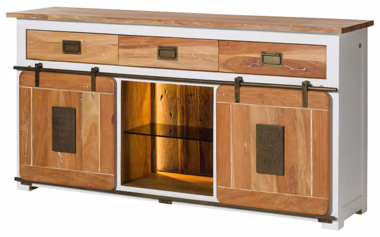 MASSIVMOEBEL24 | Credenza in legno di mango / legno riciclato 180x45x90 laccato bianco RAILWAY LUX #502